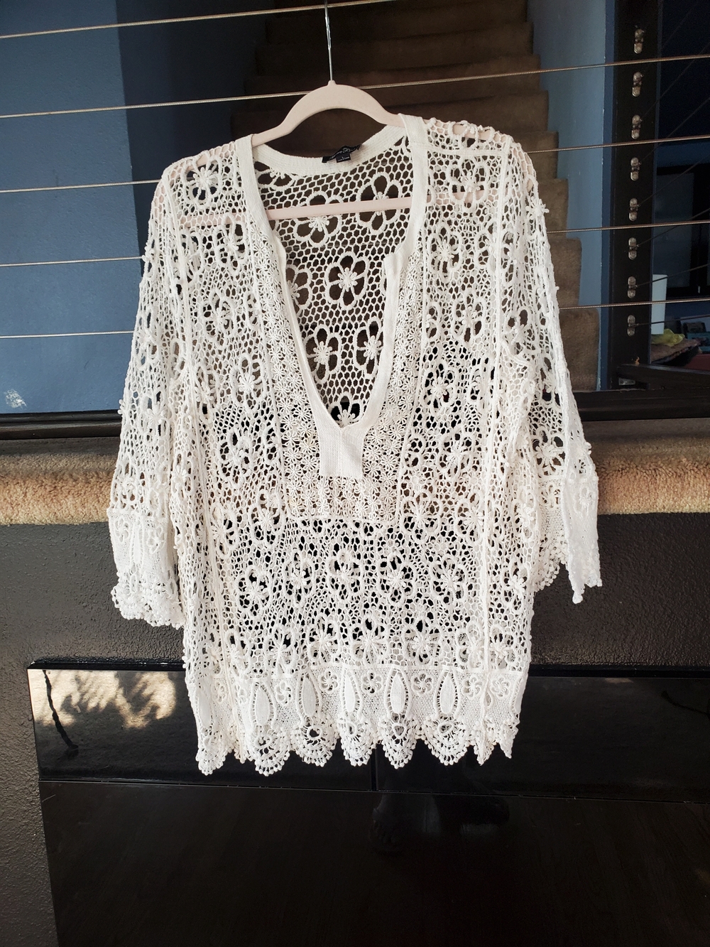 Brittany Black Off-White Crochet V-Neck Swim Coverup